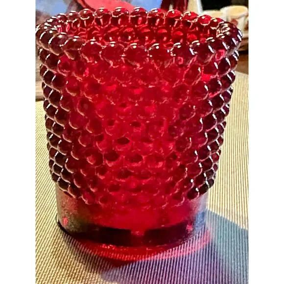 Set of 4 RUBY RED Amberina HOBNAIL VOTIVE CANDLE HOLDERS (GLOW) more available - Picture 3 of 7